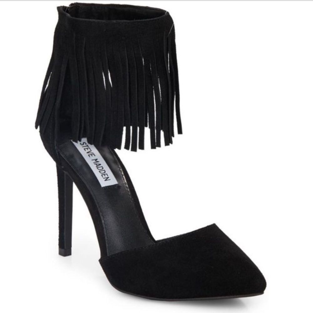 Steve Madden Melia Black Ankle Fringe Pointed Toe High Heel 7.5